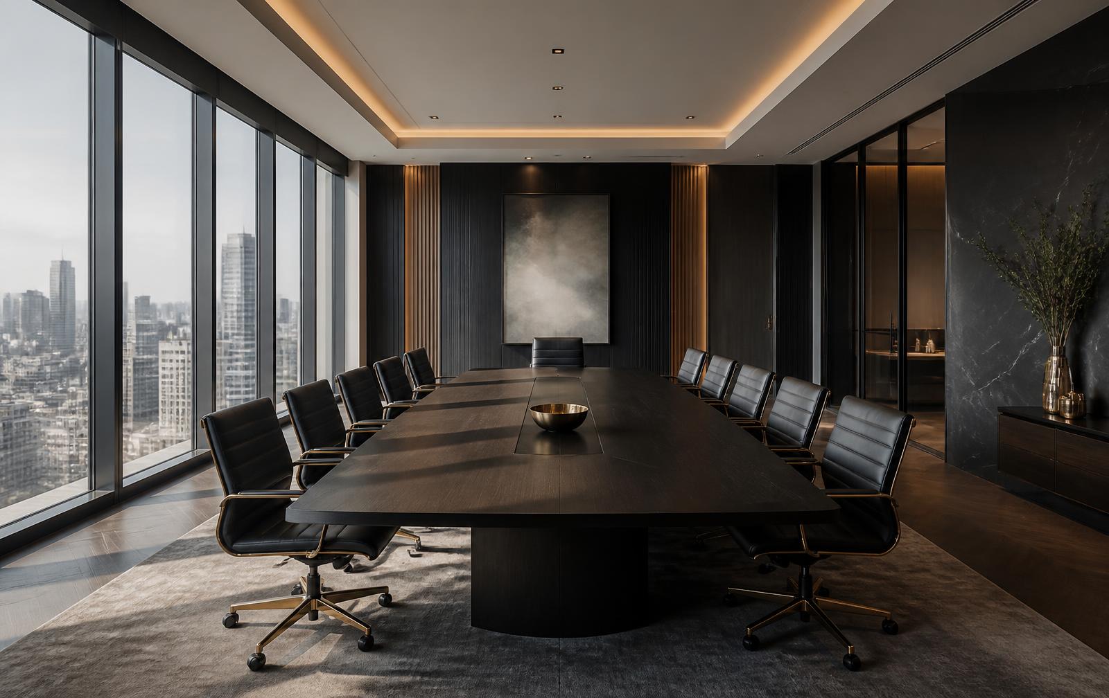 Modern corporate boardroom overlooking a city